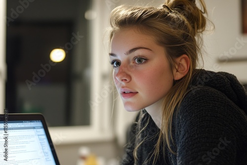 Young woman focused on work at a computer in a cozy home environment during e...