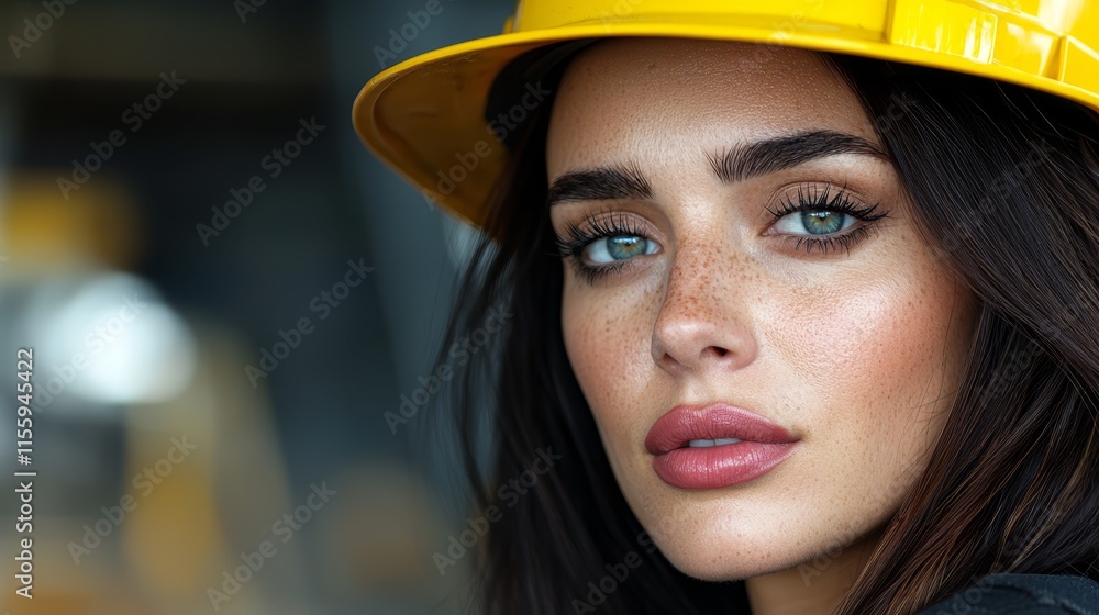 A woman wearing a yellow hard hat looking at the camera A woman wearing a yellow hard hat looking at the camera