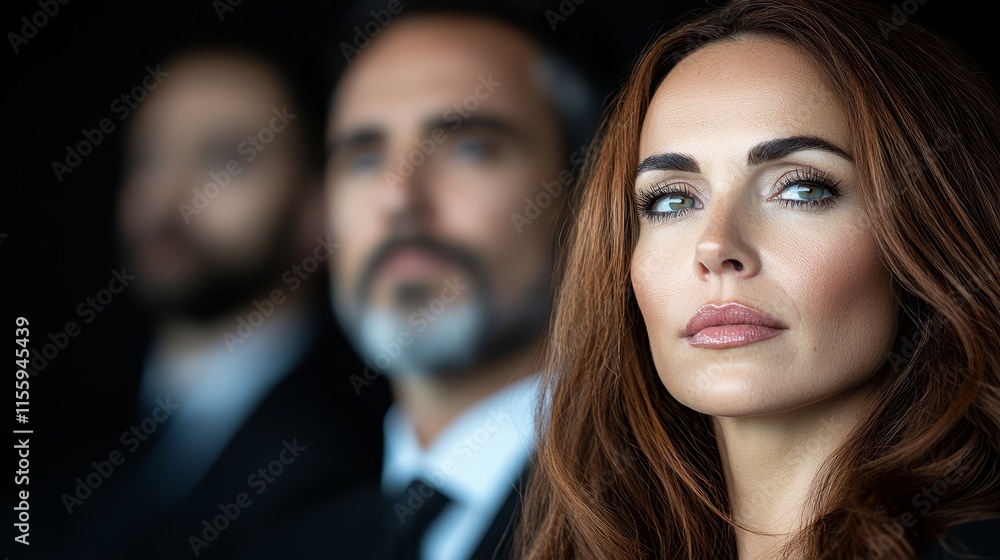 A woman with long brown hair and a man in a suit behind her A woman with long brown hair and a man in a suit behind her