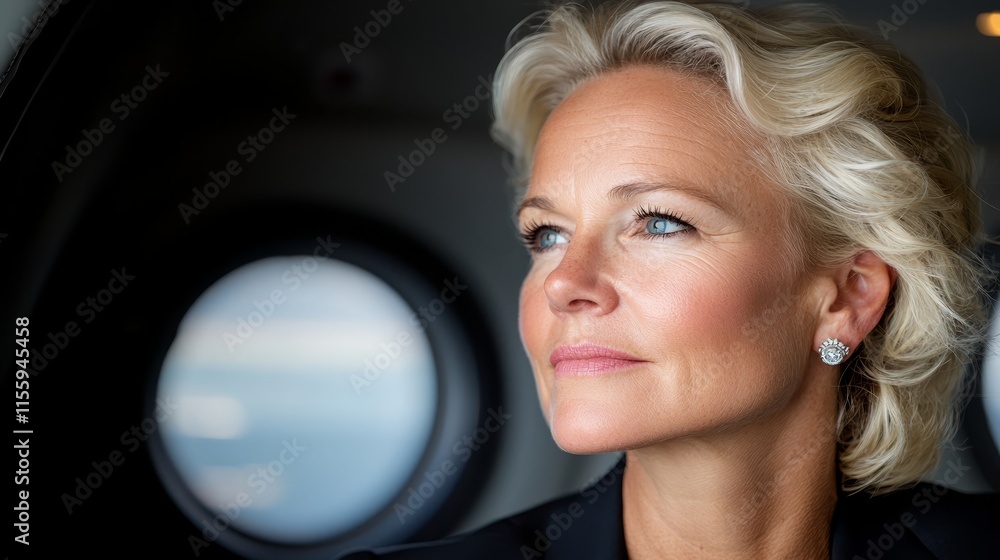 A woman looking out the window of a plane A woman looking out the window of a plane