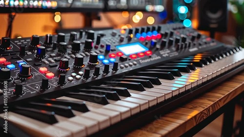 A colorful synthesizer is displayed prominently in a home studio, featuring illuminated controls and keys. The warm lighting creates an inviting atmosphere for music creation