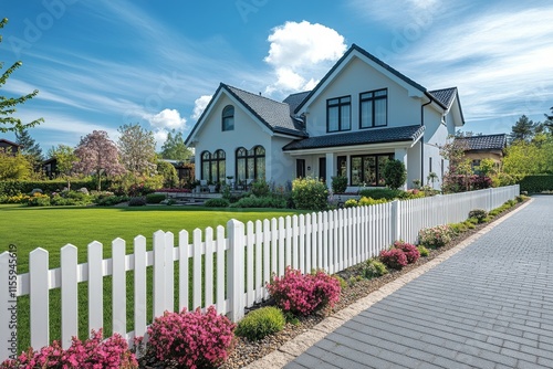 Charming suburban house with vibrant garden on a sunny day