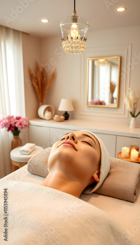 a beauty salon with a luxurious face massage session, beige tones throughout, masterpiece, with white tones