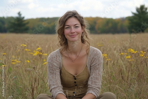 Young woman in a striped dress sitting in tall grass under a bright sky