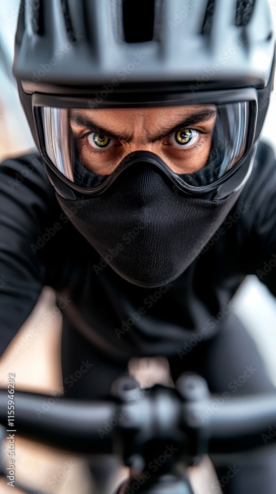 A man wearing a black mask and a helmet on a bike A man wearing a black mask and a helmet on a bike