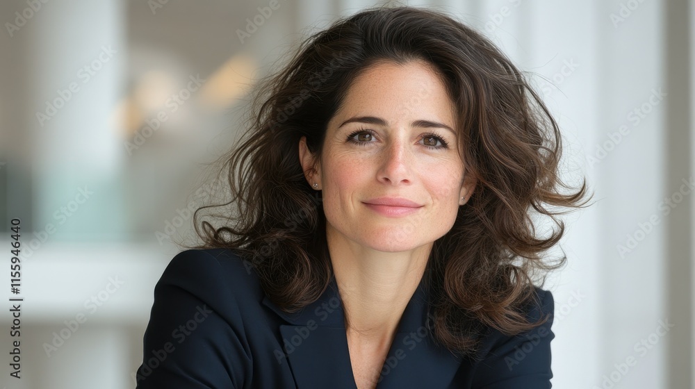 A woman with curly hair and a warm expression sits indoors, dressed in a dark blazer. Her relaxed posture and engaging smile convey professionalism and confidence A woman with curly hair and a warm expression sits indoors, dressed in a dark blazer. Her relaxed posture and engaging smile convey professionalism and confidence