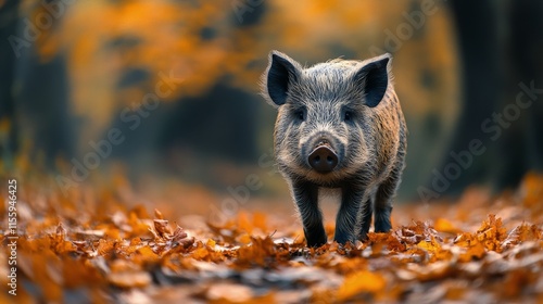 Wild boar exploring a forest path covered with autumn leaves in a tranquil se...