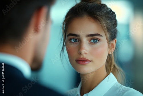 Wallpaper Mural Woman with striking blue eyes engaging in conversation in an elegant indoor setting Torontodigital.ca