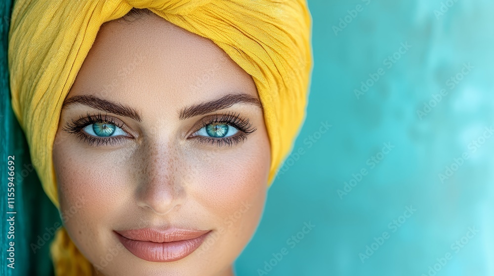 A woman with a yellow turban on her head A woman with a yellow turban on her head