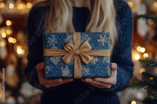 Beautifully wrapped holiday gift held by a person in a cozy setting with warm...