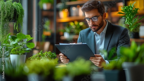 Wallpaper Mural Professional man reviewing documents in a modern indoor garden setting Torontodigital.ca