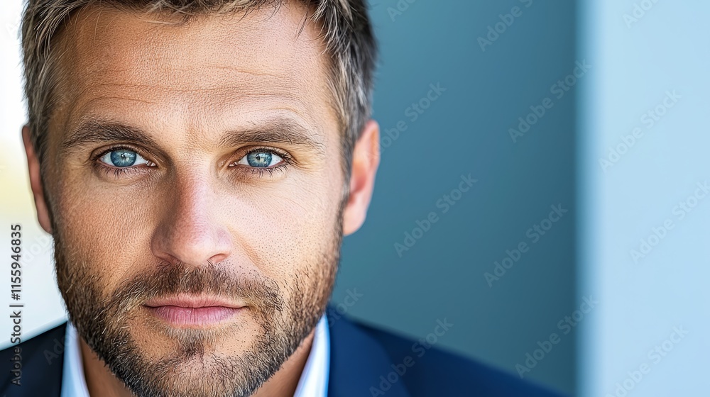 Fototapeta premium A close up of a man with blue eyes looking at the camera
