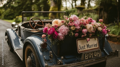 Vintage car decorated with flowers celebrates newlyweds on a scenic road