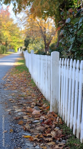 White picket fence lining a peaceful gravel pathway in a green neighborhood