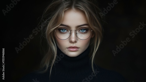 Wallpaper Mural A young woman wearing round glasses stands confidently, showcasing her expressive eyes and natural beauty against a dark backdrop. Her cozy sweater adds warmth to the look Torontodigital.ca