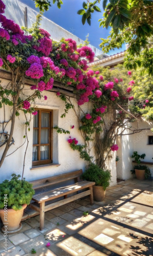 Charming courtyard with blooming bougainvillea, rustic benches, and white-washed walls Charming courtyard with blooming bougainvillea, rustic benches, and white-washed walls