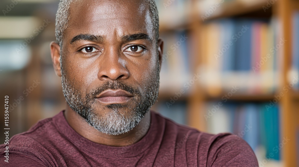 A man with a beard and a maroon shirt in front of a bookshelf A man with a beard and a maroon shirt in front of a bookshelf