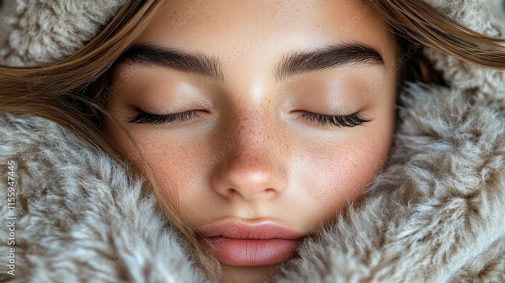 A young woman with soft features and freckled skin relaxes with her eyes closed. She is warmly cuddled in a fluffy blanket, capturing a serene winter moment of peace A young woman with soft features and freckled skin relaxes with her eyes closed. She is warmly cuddled in a fluffy blanket, capturing a serene winter moment of peace