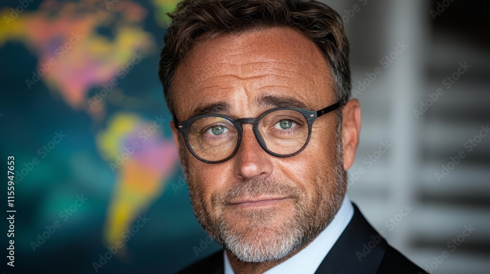 A man in a suit and tie with a world map in the background A man in a suit and tie with a world map in the background