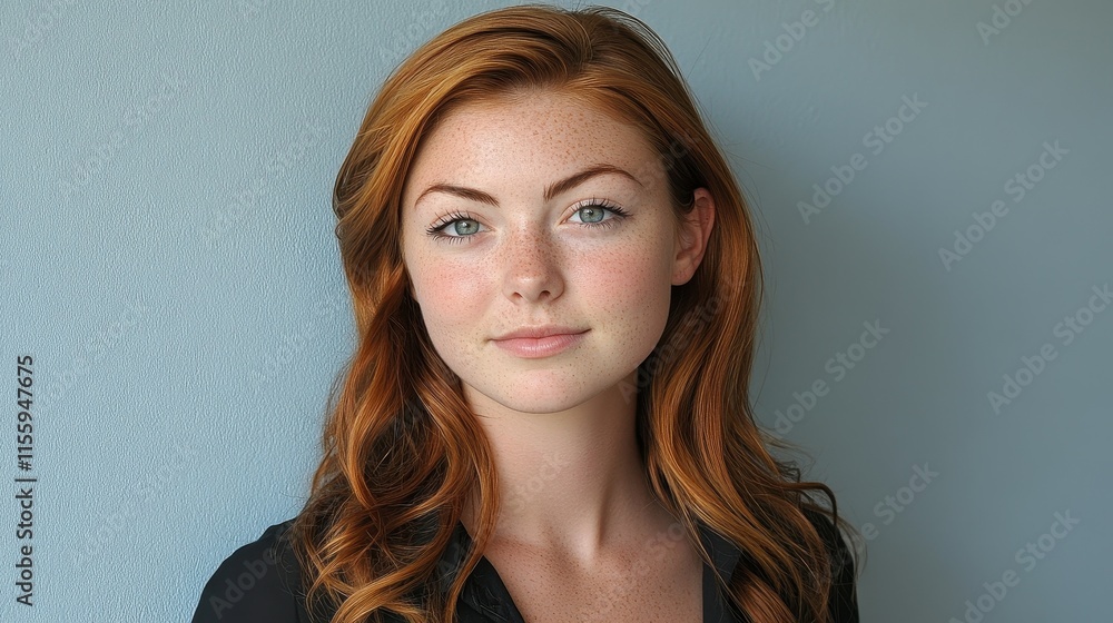 A young woman with long red hair and freckles displays a calm expression. She is wearing a black top and poses against a light gray wall, exuding confidence A young woman with long red hair and freckles displays a calm expression. She is wearing a black top and poses against a light gray wall, exuding confidence