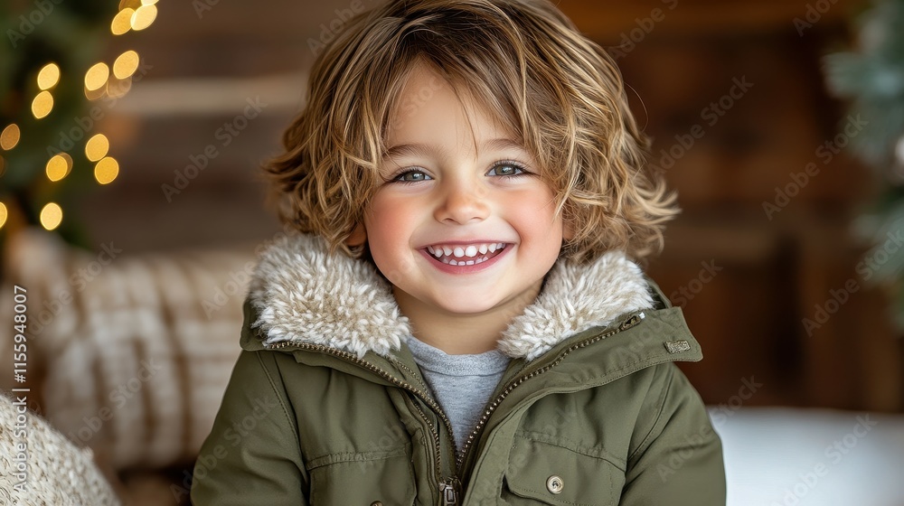 A cheerful young boy with curly hair is smiling while wearing a warm jacket. The cozy indoor setting features holiday decorations, creating a joyful atmosphere A cheerful young boy with curly hair is smiling while wearing a warm jacket. The cozy indoor setting features holiday decorations, creating a joyful atmosphere