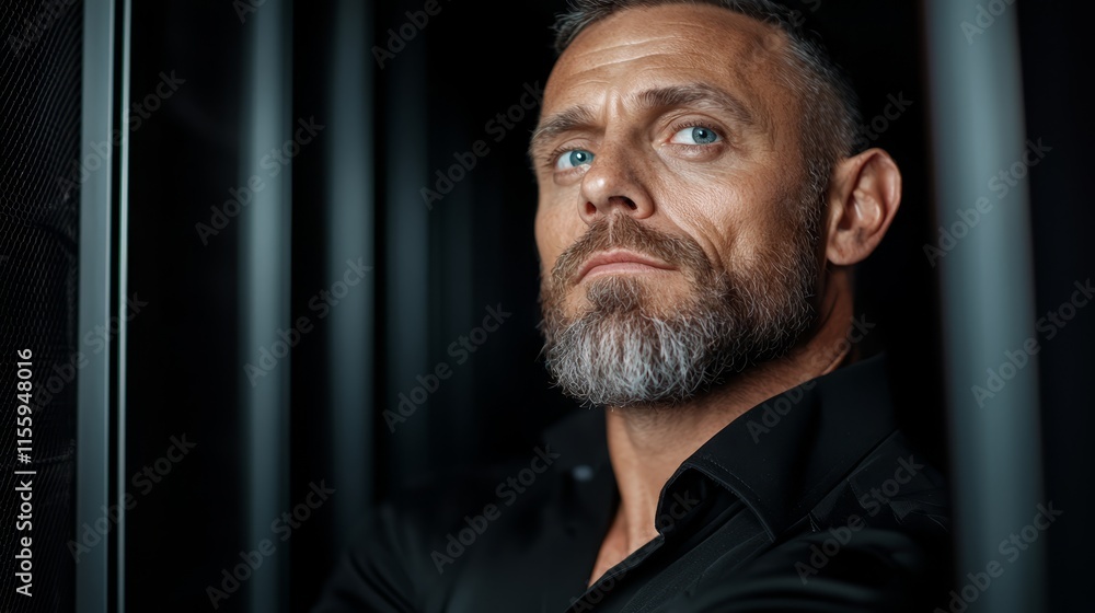 A man with a beard looking out of a window A man with a beard looking out of a window