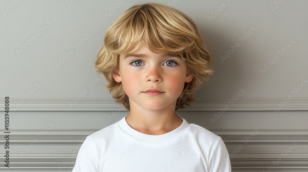 A young boy stands confidently with tousled blond hair and bright blue eyes. He wears a simple white shirt and has a serious expression against a light grey background A young boy stands confidently with tousled blond hair and bright blue eyes. He wears a simple white shirt and has a serious expression against a light grey background