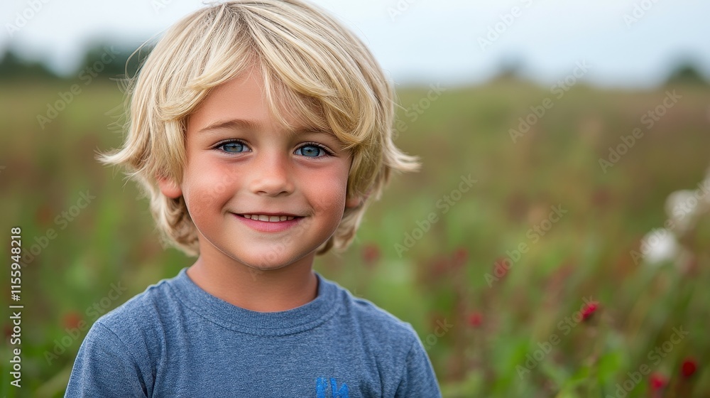 A young boy with short blonde hair smiles warmly while standing in a vibrant field, surrounded by wildflowers. The sunny day adds to the joyful atmosphere A young boy with short blonde hair smiles warmly while standing in a vibrant field, surrounded by wildflowers. The sunny day adds to the joyful atmosphere