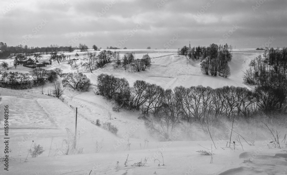 Fototapeta premium Walk over the river Sluch in the snowfall.