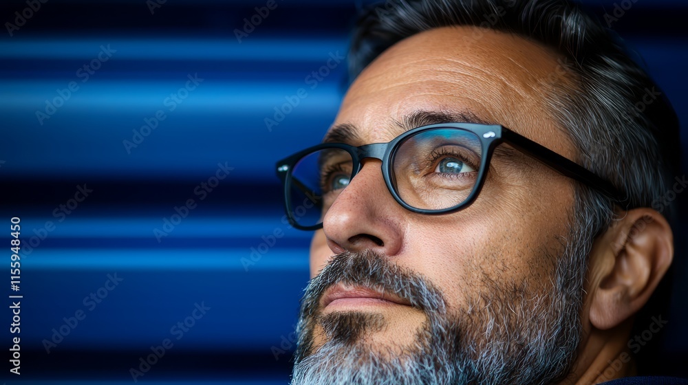A man with a beard and glasses looking up at the sky A man with a beard and glasses looking up at the sky