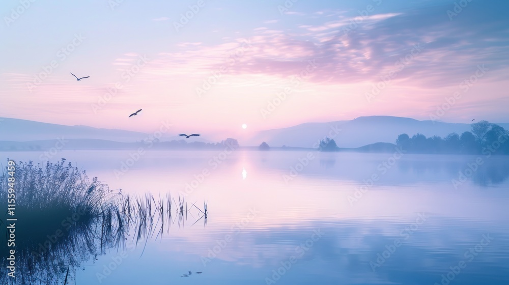 Fototapeta premium Serene Sunrise over Misty Lake