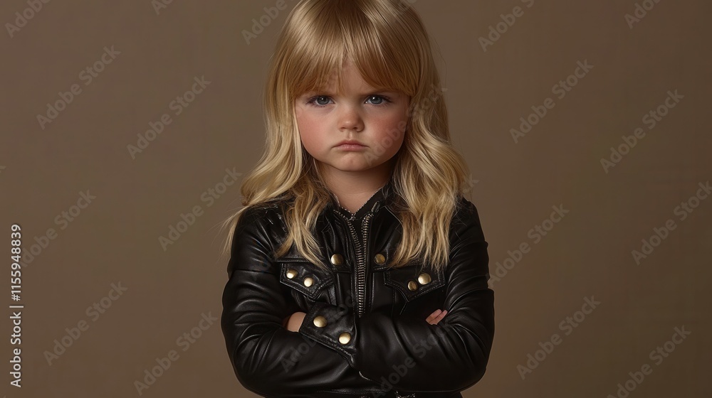 A young girl stands with her arms crossed, displaying a serious expression while wearing a black leather jacket. The neutral background emphasizes her outfit and demeanor A young girl stands with her arms crossed, displaying a serious expression while wearing a black leather jacket. The neutral background emphasizes her outfit and demeanor