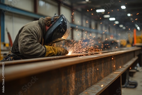 Skilled worker welding metal in industrial workshop during daytime with spark...