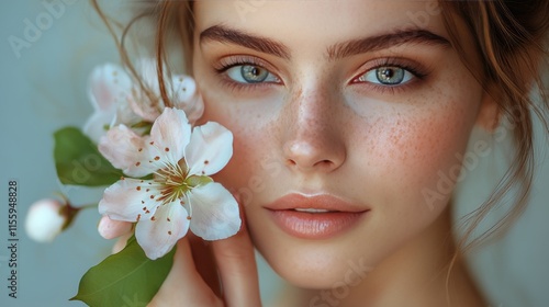 Beautiful young woman with flowers close to her face in a serene environment ...