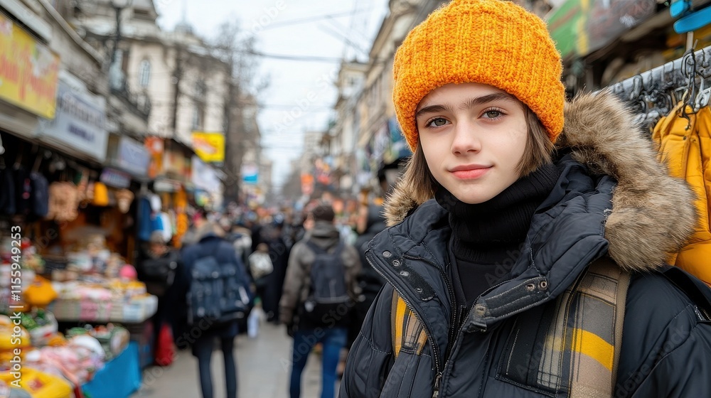 A young person wearing a bright orange hat stands confidently in a bustling street market. The background is filled with numerous shoppers exploring colorful stalls, indicating early spring activity A young person wearing a bright orange hat stands confidently in a bustling street market. The background is filled with numerous shoppers exploring colorful stalls, indicating early spring activity