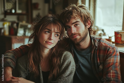 Mature couple relaxing together in cozy living room during winter afternoon