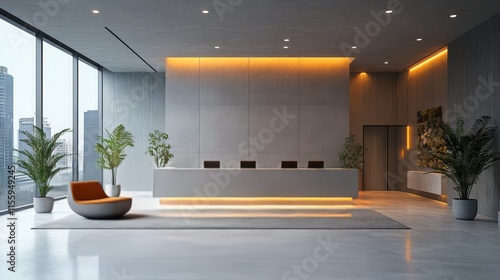 Modern lobby with vibrant lighting and stylish seating in urban setting