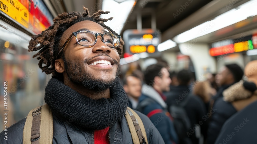 A smiling young man with stylish hair and glasses stands amidst a crowded subway car, radiating positivity as the train moves through the city during rush hour A smiling young man with stylish hair and glasses stands amidst a crowded subway car, radiating positivity as the train moves through the city during rush hour