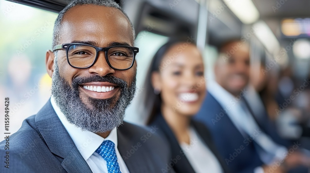 A well-dressed man with glasses and a beard smiles at the camera while sitting on a train with colleagues. The morning light streams in, creating a warm atmosphere A well-dressed man with glasses and a beard smiles at the camera while sitting on a train with colleagues. The morning light streams in, creating a warm atmosphere