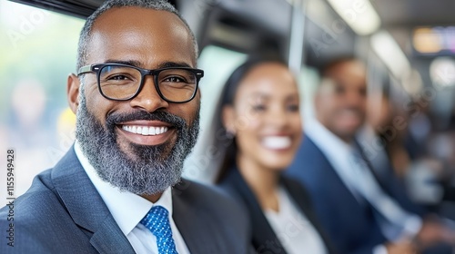 A well-dressed man with glasses and a beard smiles at the camera while sitting on a train with colleagues. The morning light streams in, creating a warm atmosphere