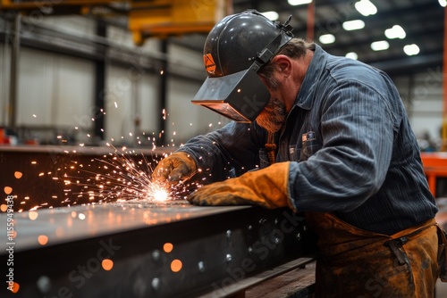 Skilled worker welding metal in industrial workshop during daytime with spark...