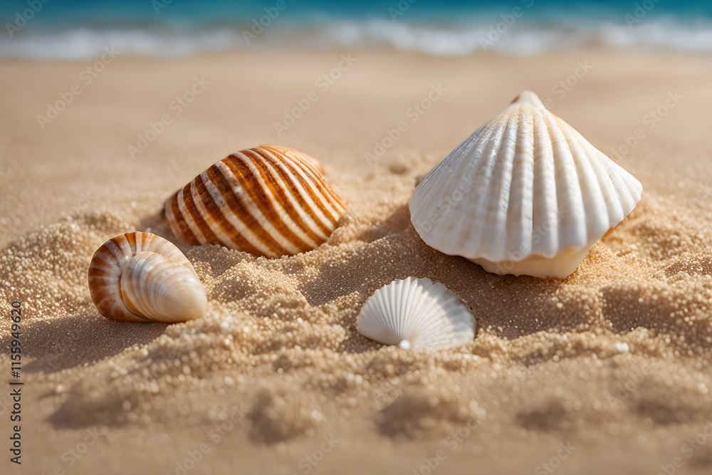 Close up of seashells on the sandy beach, Generated by ai Close up of seashells on the sandy beach, Generated by ai