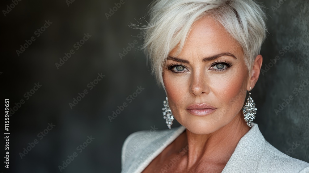 A woman with short white hair wearing a white suit A woman with short white hair wearing a white suit