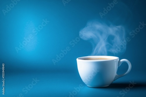 Steaming cup of coffee against a blue background in morning light