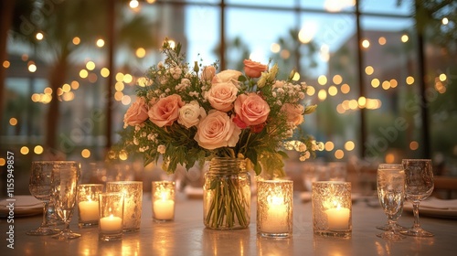Elegant candle and floral arrangement with soft lighting for a romantic ambia...
