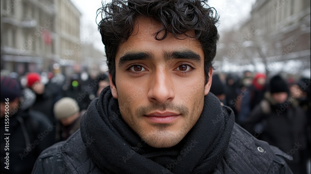 A young man with curly dark hair and a scarf gazes intently at the camera amidst a crowded winter protest, with snow falling gently in a bustling urban setting A young man with curly dark hair and a scarf gazes intently at the camera amidst a crowded winter protest, with snow falling gently in a bustling urban setting