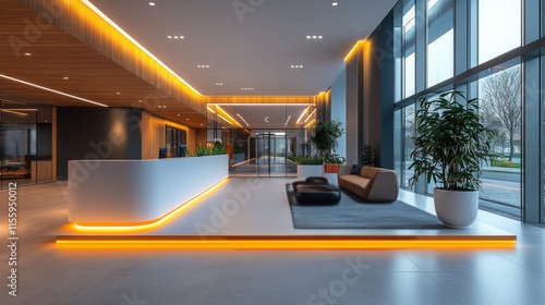 Modern lobby with vibrant lighting and stylish seating in urban setting