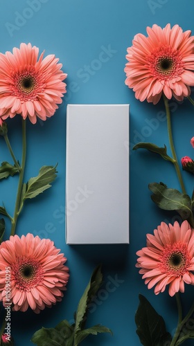 Elegant product presentation surrounded by vibrant pink flowers on a blue bac...