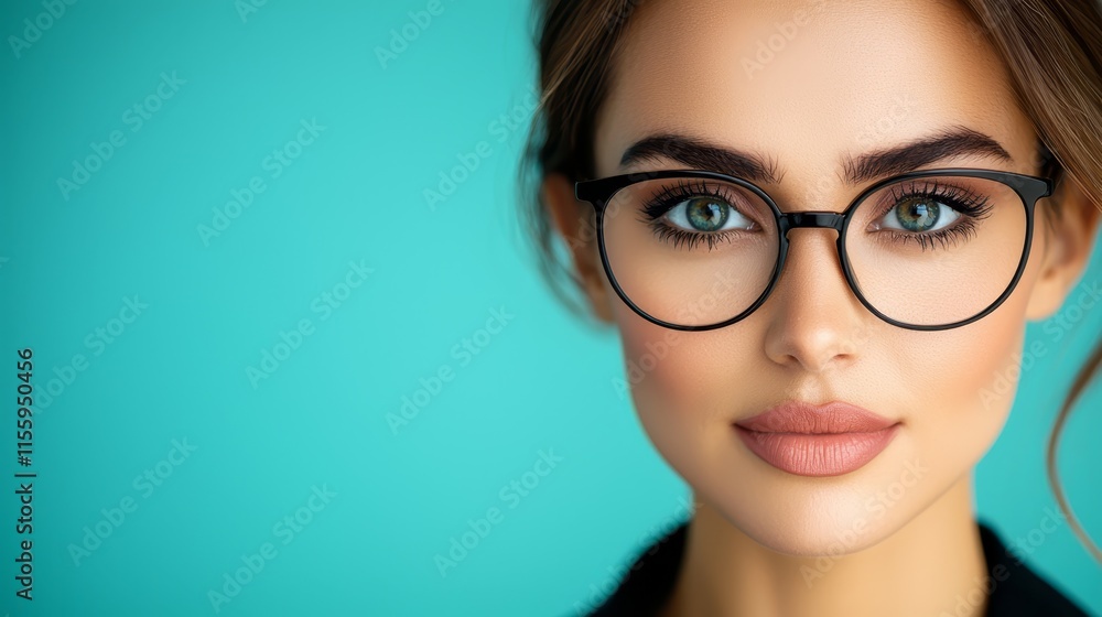 A woman wearing a pair of glasses on a blue background A woman wearing a pair of glasses on a blue background