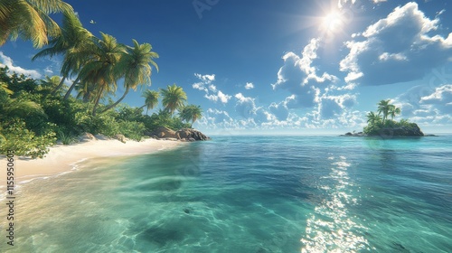 Lush tropical beach with clear waters and majestic mountains on a sunny day